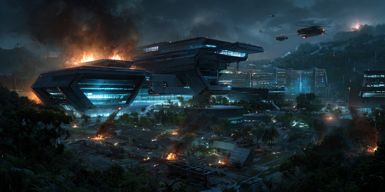 Lucent Ark campus burning during Operation Obsolescence
